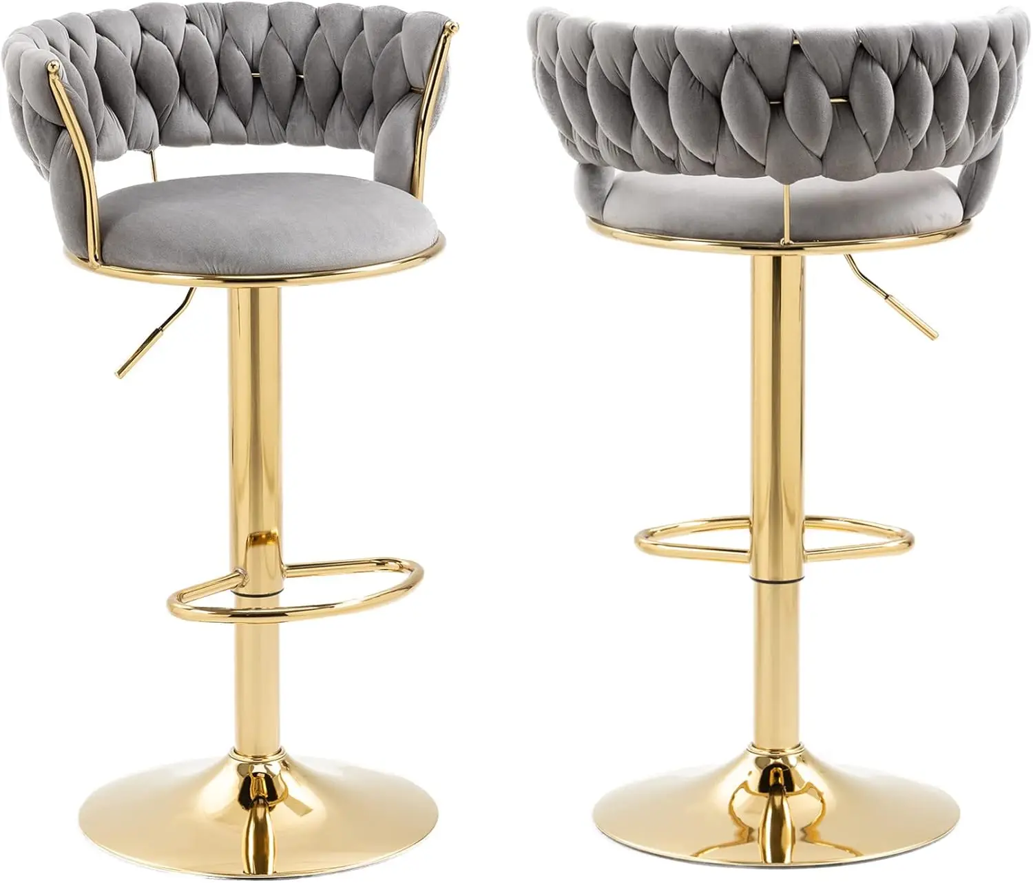 YENİ 360° ° Bel Sırtlı ve Ayaklıklı Kadife Döner Bar Tabureleri, Ayarlanabilir Tezgah Bar Tabureleri, Altın Bar Taburesi (2'li Set, Gri)