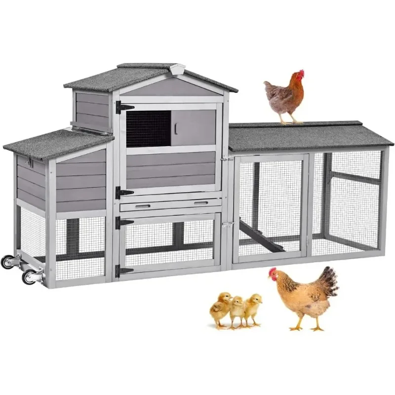A 80in Chicken Coop Mobile Hen House Outdoor Wooden Poultry Cage With Wheels Nesting Box Run Farm Equipment Door Pet