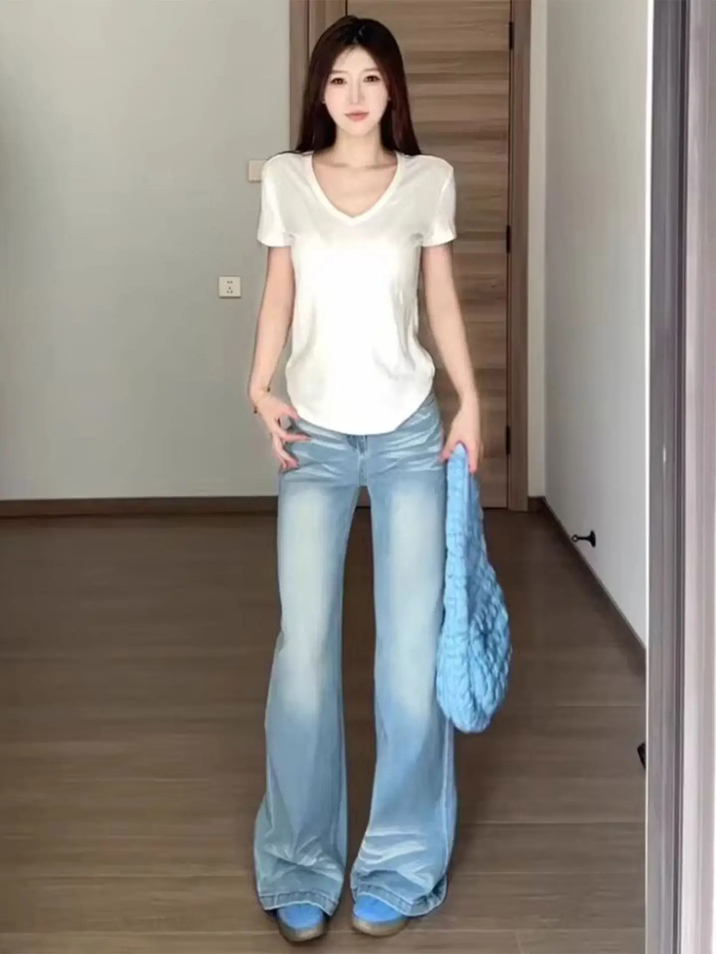 

Washed Denim Micro Flared Pants Women Summer Fashion Pleated Drapey Versatile Hoof Long Trousers Not Legging