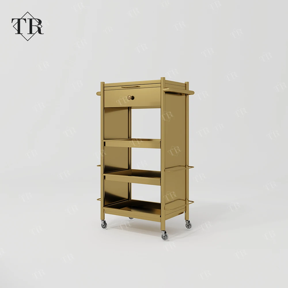 Turri Makeup Trolley Cart Stainless Steel Metal Gold Plated Salon Barber Trolley With Directional Wheels For Lash Beauty