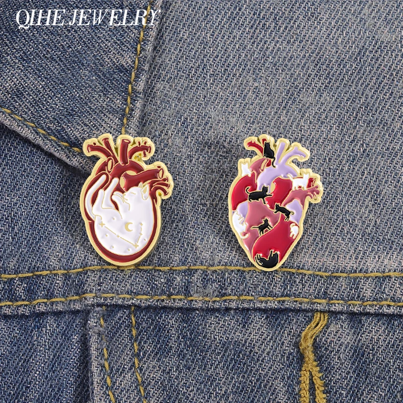 Cartoon Cat Heart Organs Enamel Pins Creative Cute Cat Medical Organs Metal Brooches Lapel Pins Badge Jewelry Gifts for Friends