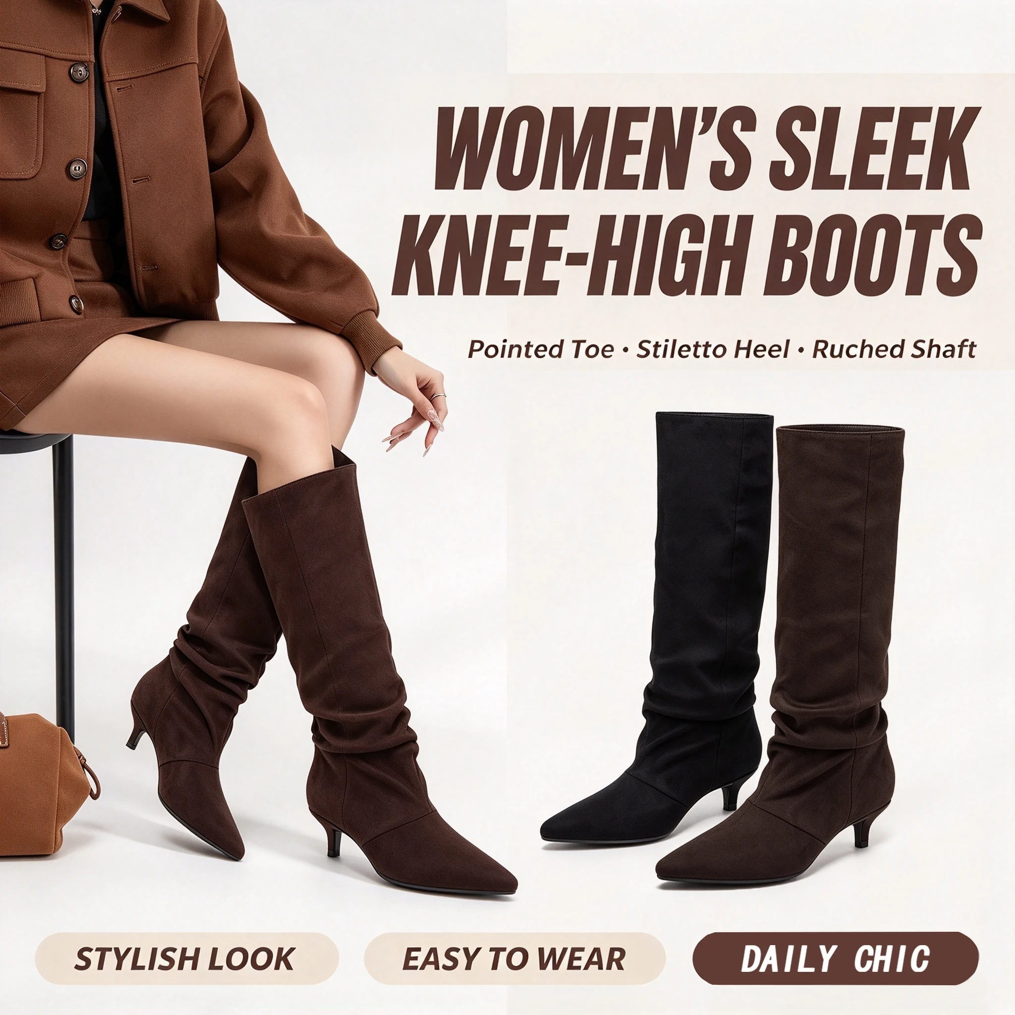 Women's French Style Thin Heel Slouch Knee High Boots, Vintage Suede Look Long Boots, Versatile Slimming Boots for Commute & Dat