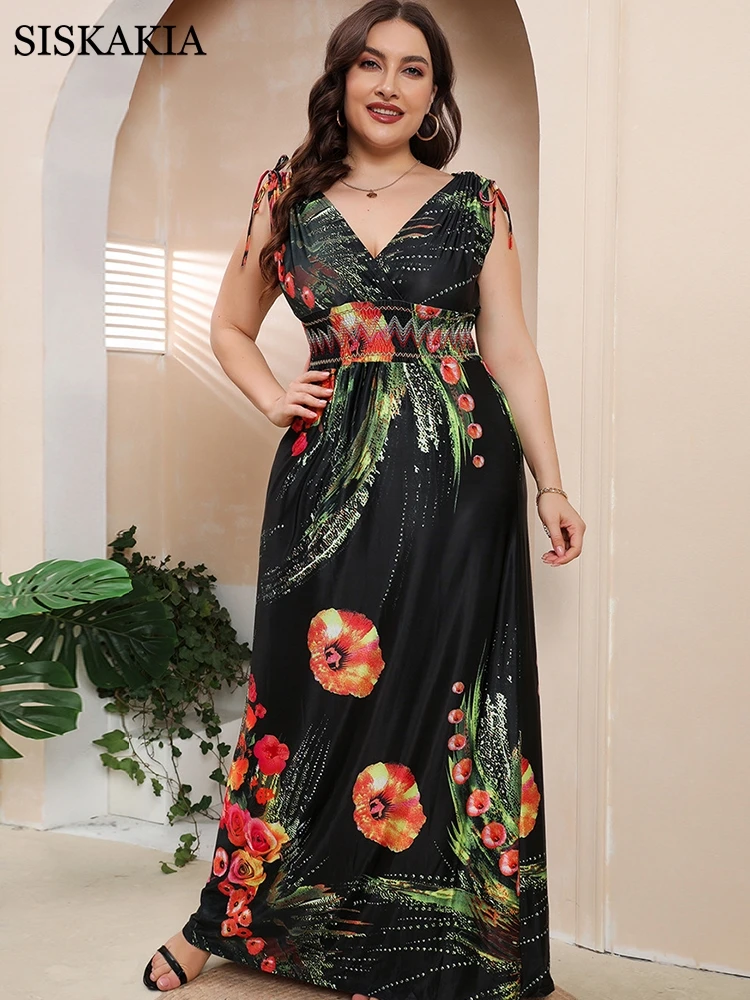 Plus Size Silk Floral Print Beach Bohemian Dress Women Sexy Deep V Neck Loose Long Dress Ladies Summer Boho Femme Robe 4XL 5XL