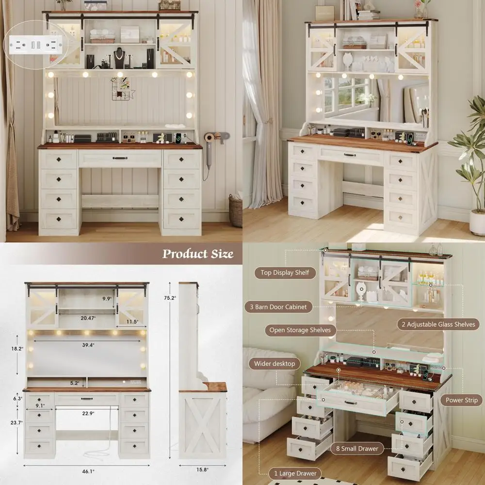 Large 75.2 Farmhouse Style Vanity Desk with 9 Drawers, Illuminated Mirror, and RGB Barn Door