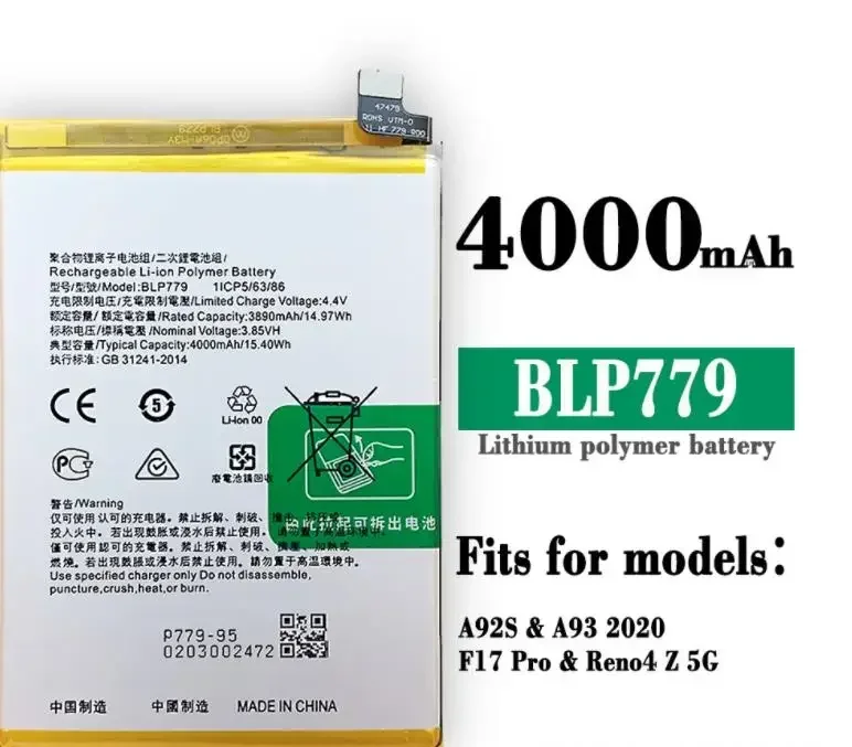 for Oppo A92s Fast Charge/A93/F17 Pro/Reno 4Z Reno 4 Lite Blp779 Battery