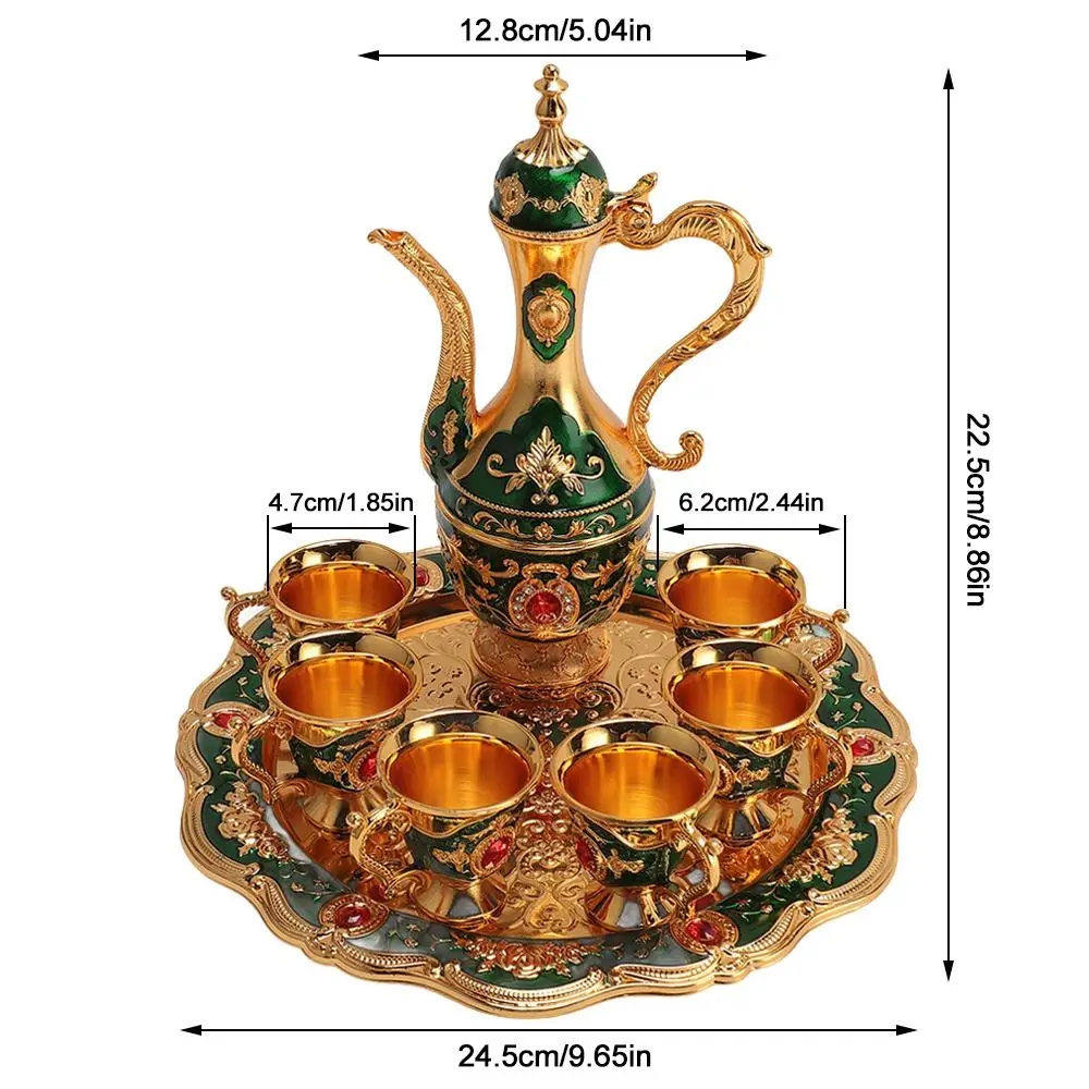 8PCS With 6 Cups Coffee Pot Set Gold Green Zinc Alloy Teapot Tea Service Set With Tray Gold Blue Turkish Tea Set For Birthday view 6