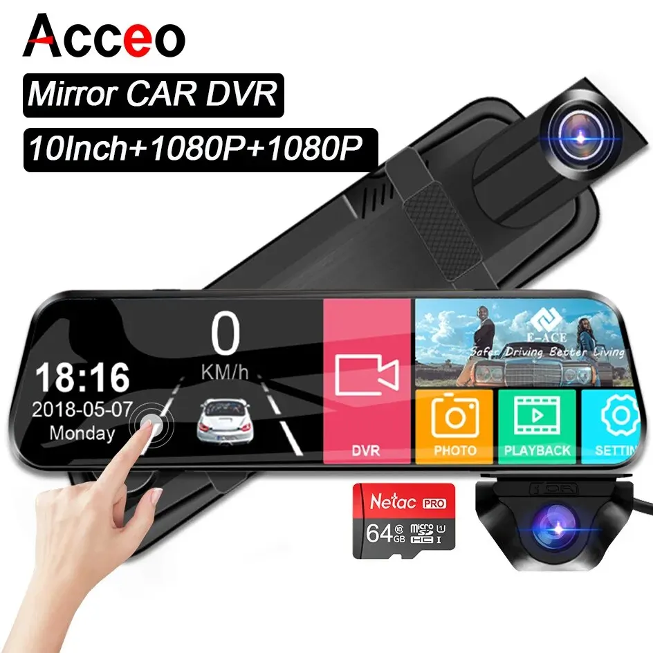 Acceo A20P Car DVR 10 Inch Touch IPS RearView Mirror Support Rear View Camera Dashcam Car Camera Video Recorder