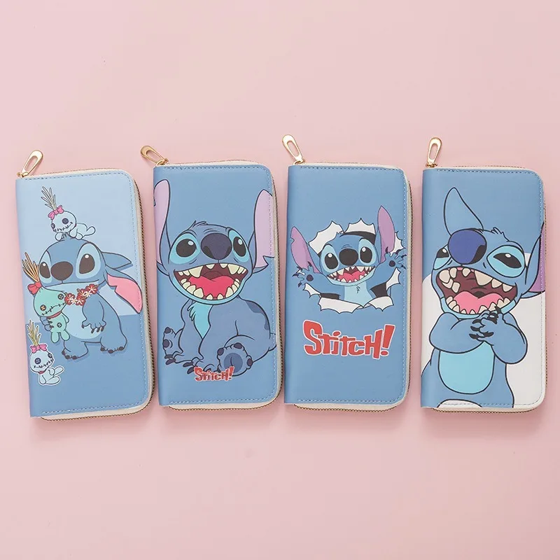 Disney Stitch-cartera larga de dibujos animados para estudiantes, monedero con estampado de cremallera, paquete de tarjetas bancarias, lindo