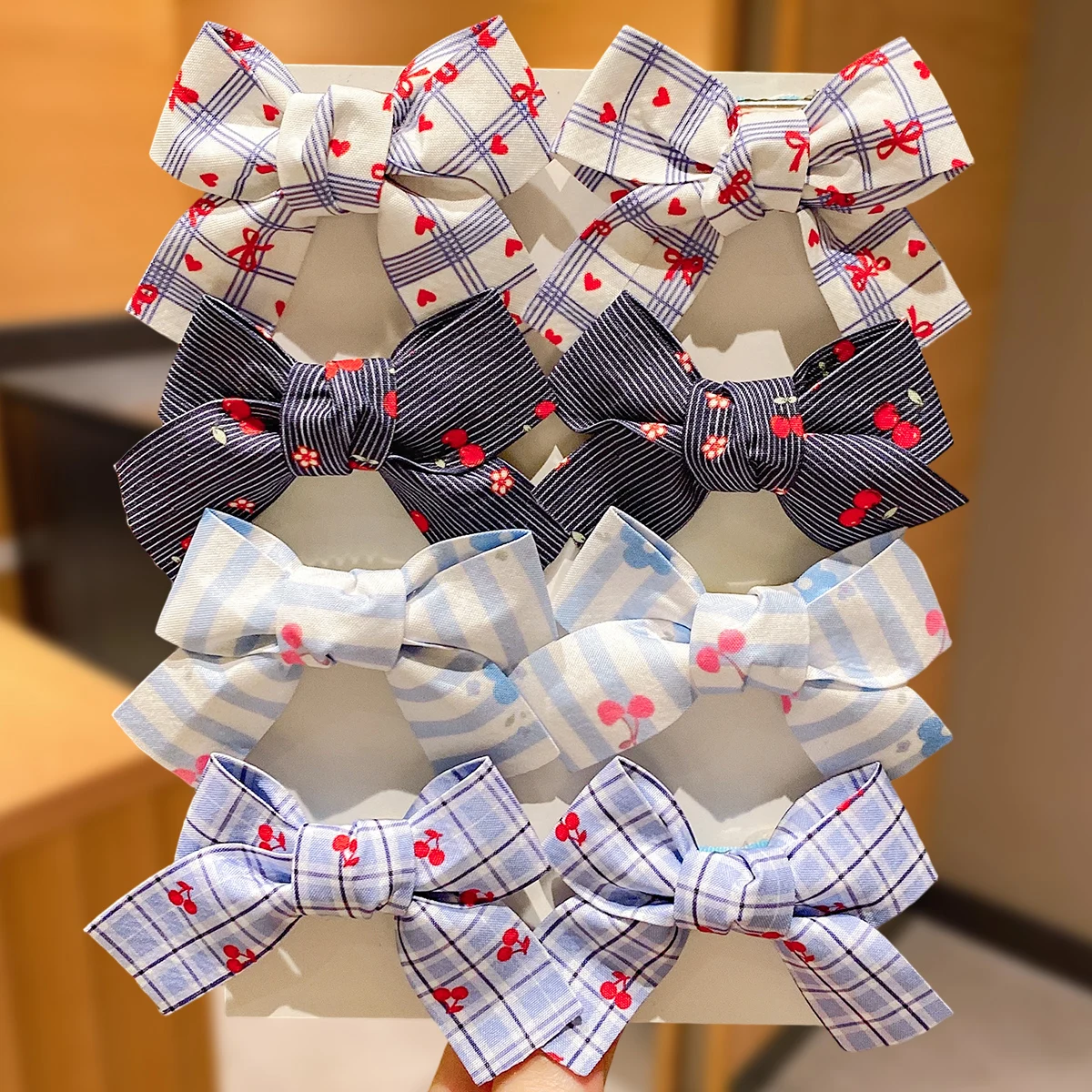 8Pcs Women's Plaid Cherry Print Bow Hair Clips, Cute Preppy Fabric Side Clips Perfect for Pigtails and Other Hairstyles