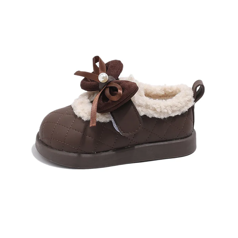 

2025 Winter Girls Shoes Bowknot Soft-Sole Low-Top Cotton Shoes Fleece-Lined Kids Plush Footwear