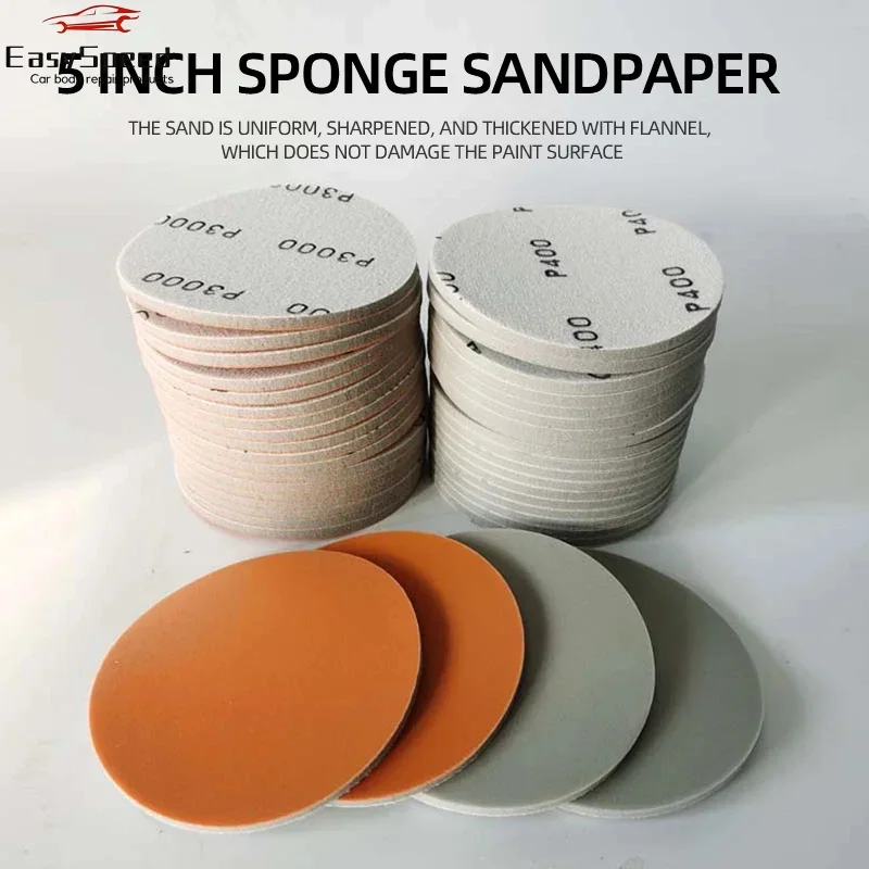 20 pcs 5 Inch Sponge Sandpaper Car Paint Surface Polishing and Beauty Dry Sandpaper Back Flocking Self-adhesive Sand Skin 125mm