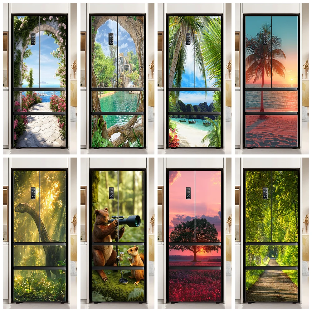 Landscape View of Arched Door Mural Refrigerator Wrapping Wallpaper Self-adhesive Forest Jungle Animal Fridge Door Art Sticker