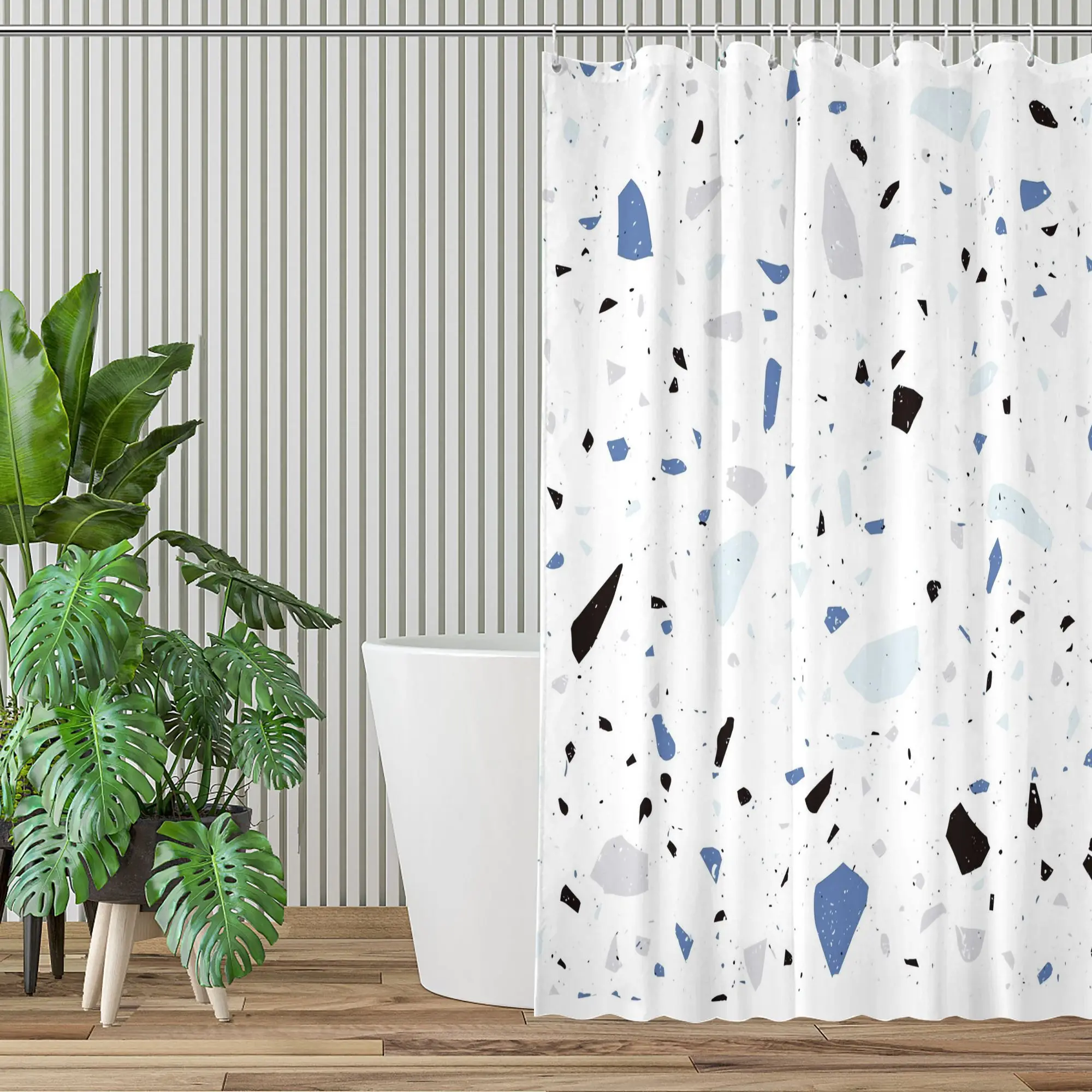 Terrazzo Print Shower Curtain – Blue, Black & Grey Chips on White, Polyester, 12 Grommets, Machine Washable, 72×72