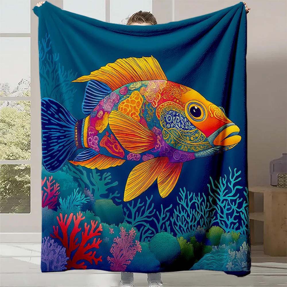 1pc Tropical Fish Coral Reef Print Flannel Blanket - High Weight Soft Warm All-Season Throw with Vibrant Underwater Design, Mach