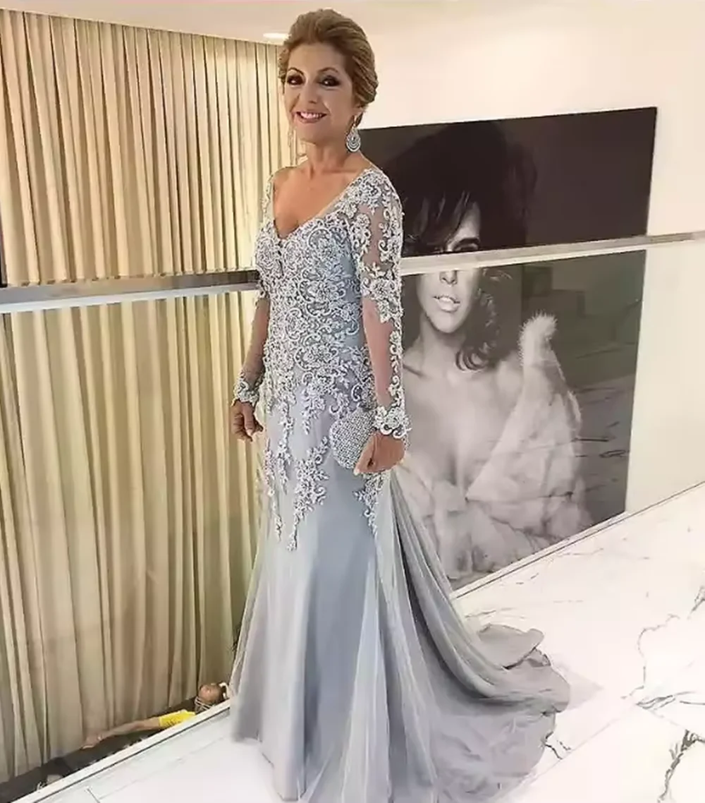 

Mermaid Mother Of The Bride Dress Long Sleeve Beaded Tulle Satin Groom Mother Dress Plus Size Wedding Party Guest Gown