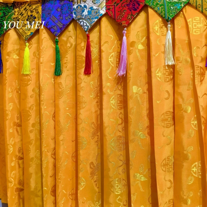Buddhist Hall Arrangement Hanging Decoration,Tibetan-Style Yellow Satin Table Skirt Curtain,Prayer Flag Hanging Banner Curtain view 4