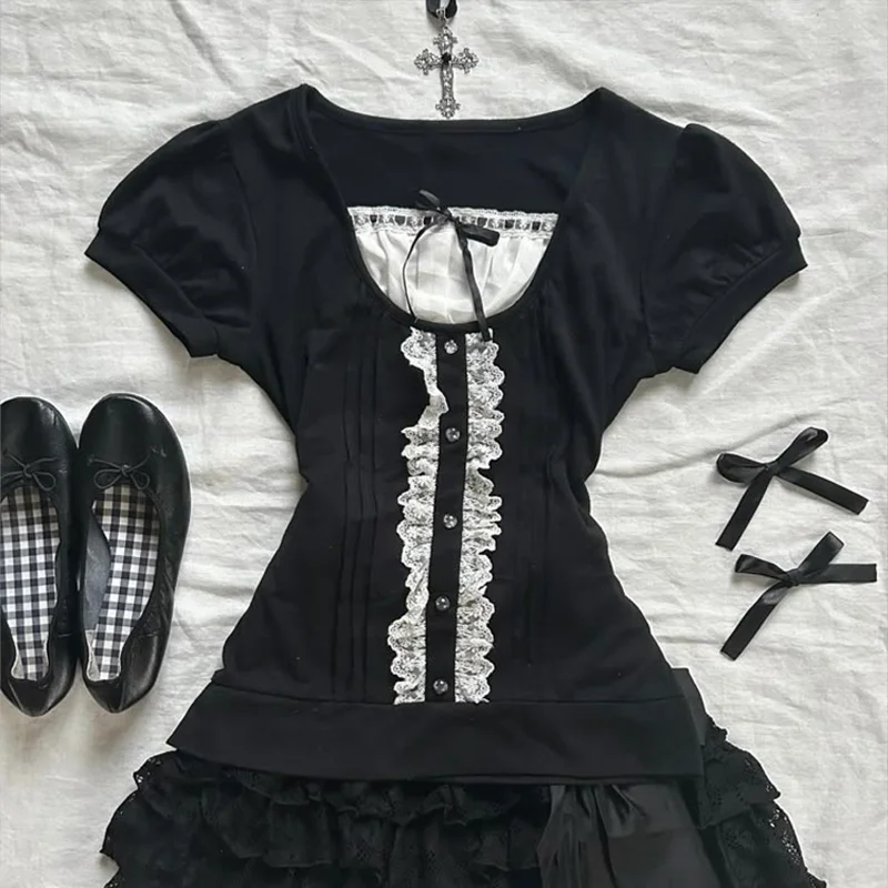 Camiseta Retro de estilo oscuro minimalista versátil Harajuku Y2K falso de dos piezas para ir al trabajo rock moda de venta al por menor punk chic para mujer
