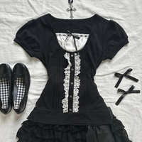 Retro dark style T-shirt minimalist versatile Harajuku Y2K fake two-piece commuter rock high street fashion punk chic womens top