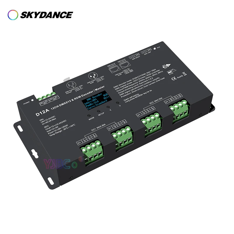 Skydance 12 Channel CV DMX512 Decoder OLED display 12V-24V 12CH 4-PWM RDM DMX Master RGB LED Strip tape Controller 8 bit/16bit