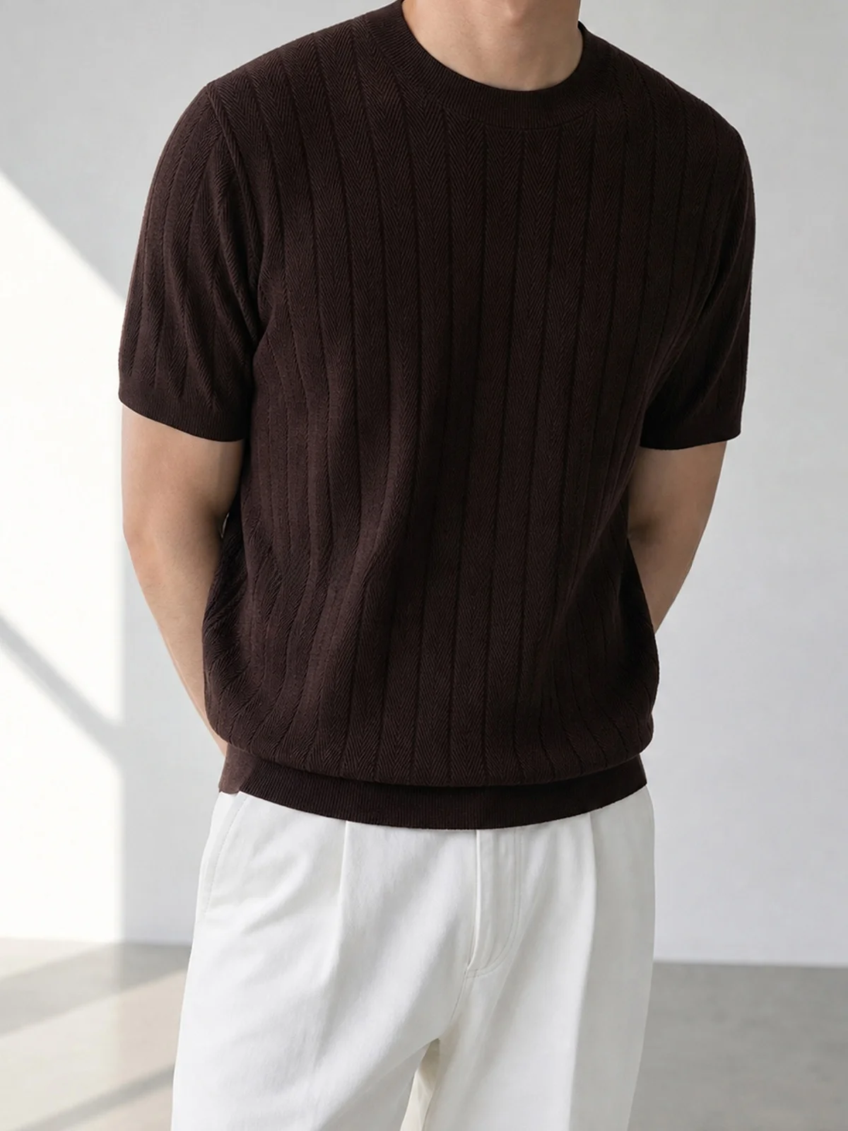 Men's Knitted Short Sleeve T-Shirt 100 Wool Autumn Fashion Casual round Neck Top Skin-friendly Breathable Standard Fit