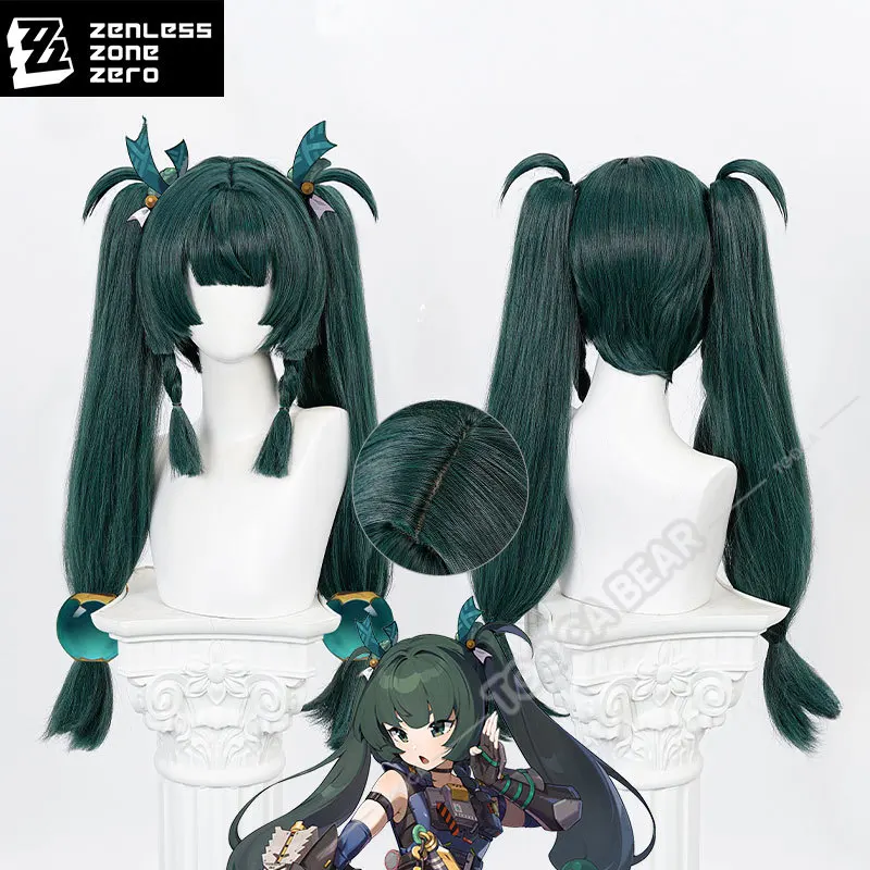 Game Zenless Zone Zero Qingyi Cosplay Wig Dark Green Hair Double Ponytails Heat-resistant Fiber Hair+Wig Cap Halloween Girls