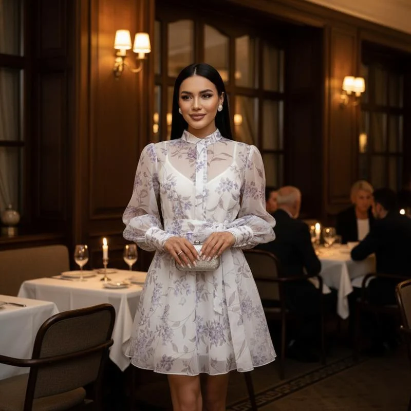 

Elegant Floral Print A-Line Dress Women's Stand Collar Long Sleeve Tie Waist Lightweight Flowy Chiffon Fashion Dress For Spring