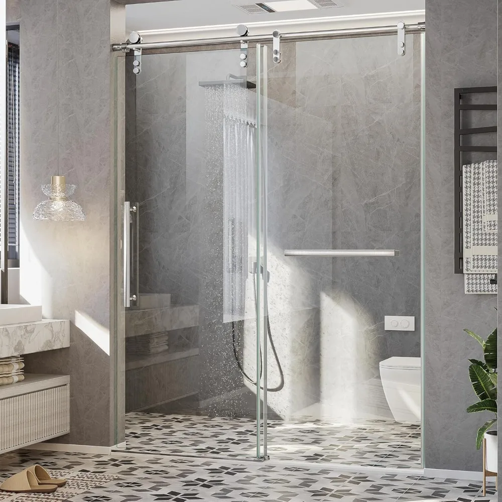 Frameless Shower Door,56-60“ X 75”,8 Mm Tempered Glass, Noiseless and Shatterproof, Brushed Nickel Hardware, Sliding Shower Door