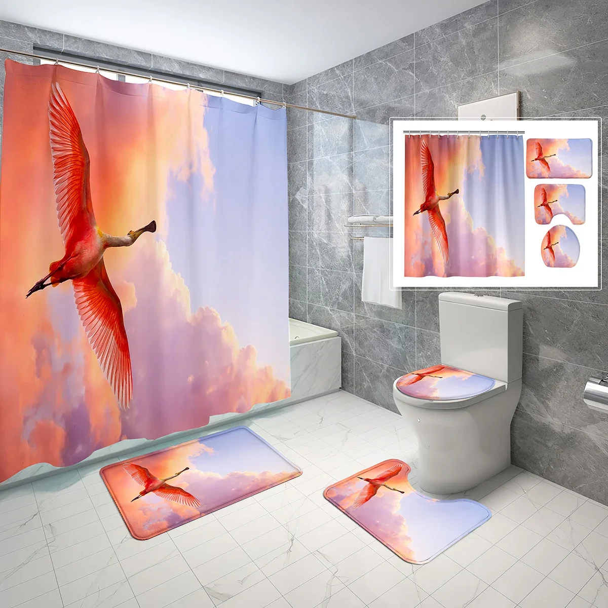 

4 Pcs Flamingo Shower Curtain Sets Pink Flying Birds Sky Clouds Non-Slip Bath Mat Toilet Cover Waterproof Shower Curtain Set