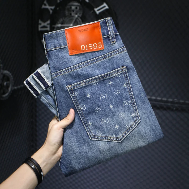 

2024Summer Thin Jeans Men's Washed Retro Fashionable Printed High-End Stretch All-Matching Slim-Fitting Small Straight Trousers