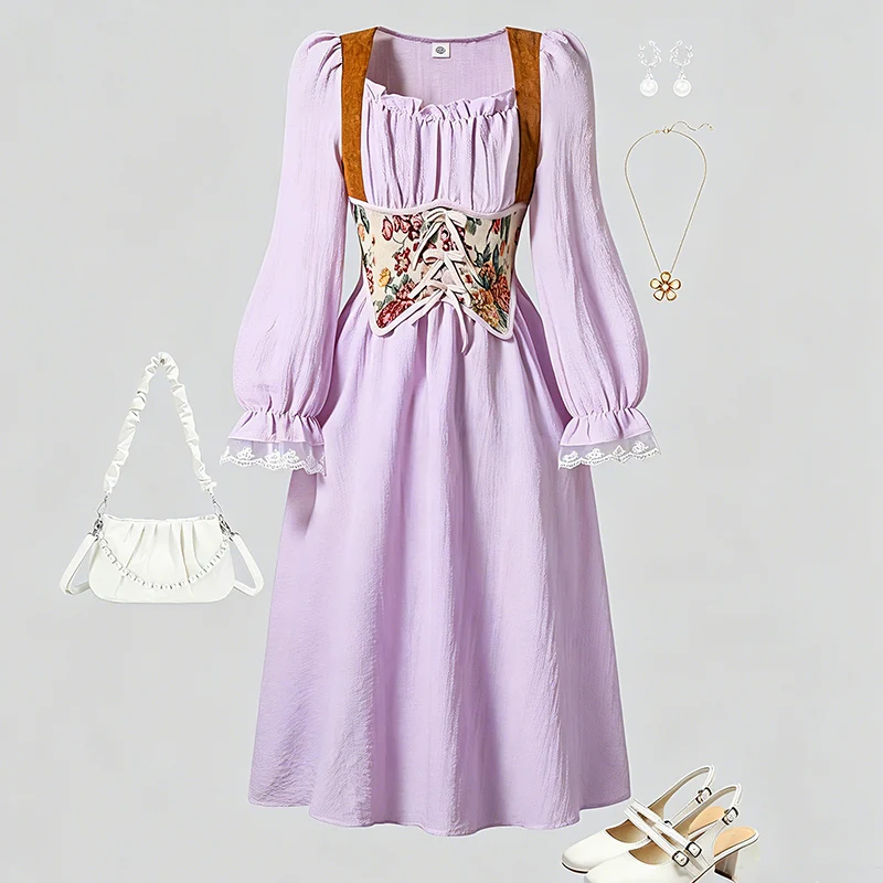 2023 herbst Neue Kinder Kleidung Mädchen Prinzessin Kleid Einfarbig Beige Quadrate Kragen Langarm Strappy A-line Kleid Für Mädchen – Detail 18