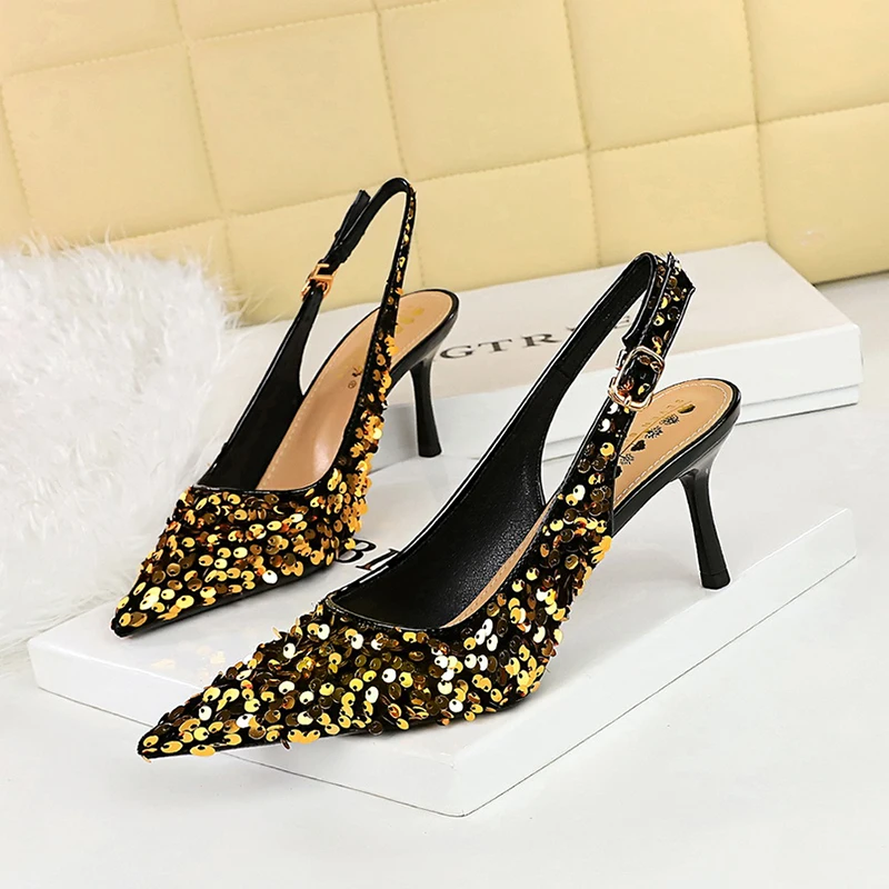 

ZOOKERLIN 2024 New Fashion Summer Women Sandals High Heels Sequin Decoration Slingback Women’s Pumps Pointed Elegant Woman Shoes