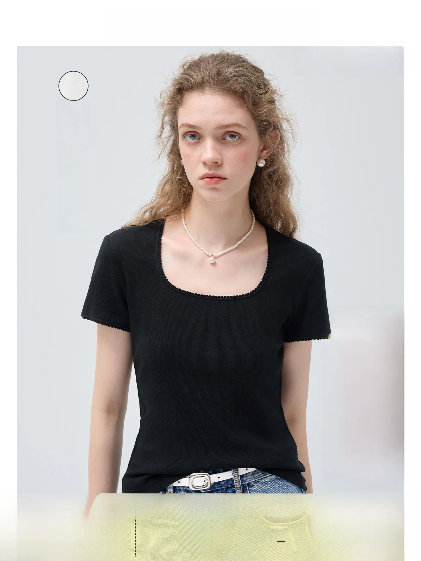 

Vega Chang Women's Square Collar T-Shirt Korean Style Inner Wear Short Sleeve Knitted Regular Fit Color Commute Wear