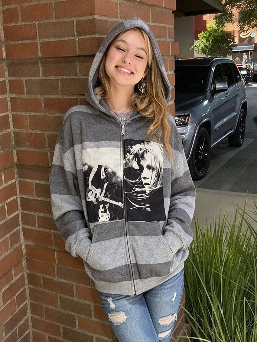 Y2K Grunge Women Grey Striped Zip Up Hoodie Rock Guitar Portrait Graphic Print Oversized Long Sleeve Streetwear Hood Sweatshirts