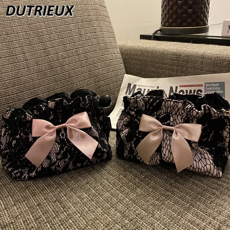 

Korean Lace Hand-held Lady Cosmetic Bag Bow Washing Portable Travel Storage Sweet Cute Fashion Makeup Bags for Women 2024 New