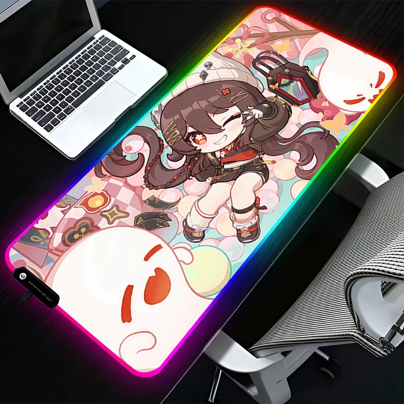 

RGB LED Mouse Pad HD Rubber Mousepad Computer Gaming Accessories Keyboard Pad Office G-genshin Impact Hu Tao Non Slip Mouse Mat