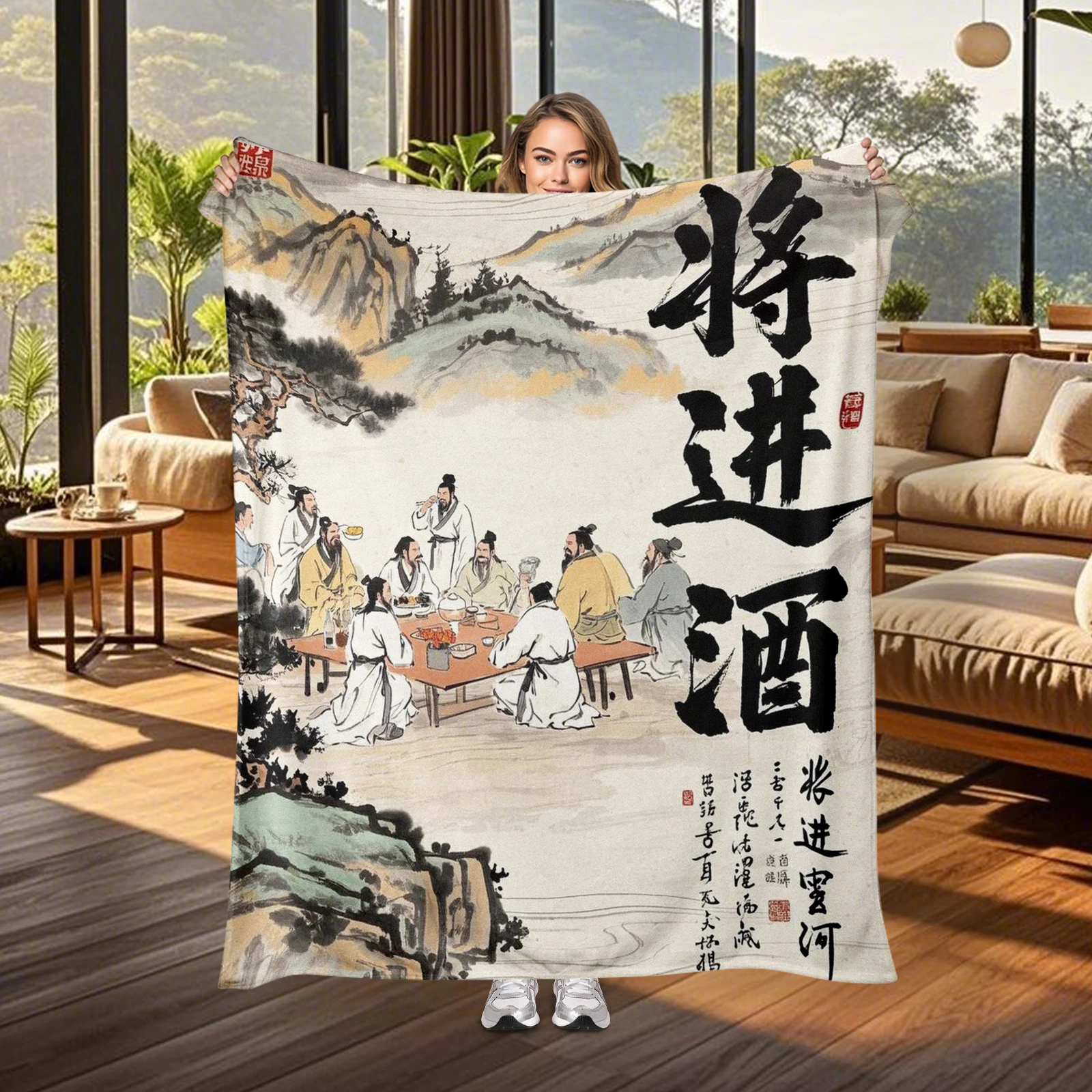 Artistic Ink Wash Ancient Scholars Gathering Motif Blanket Paired With Timeless Chinese Poetry