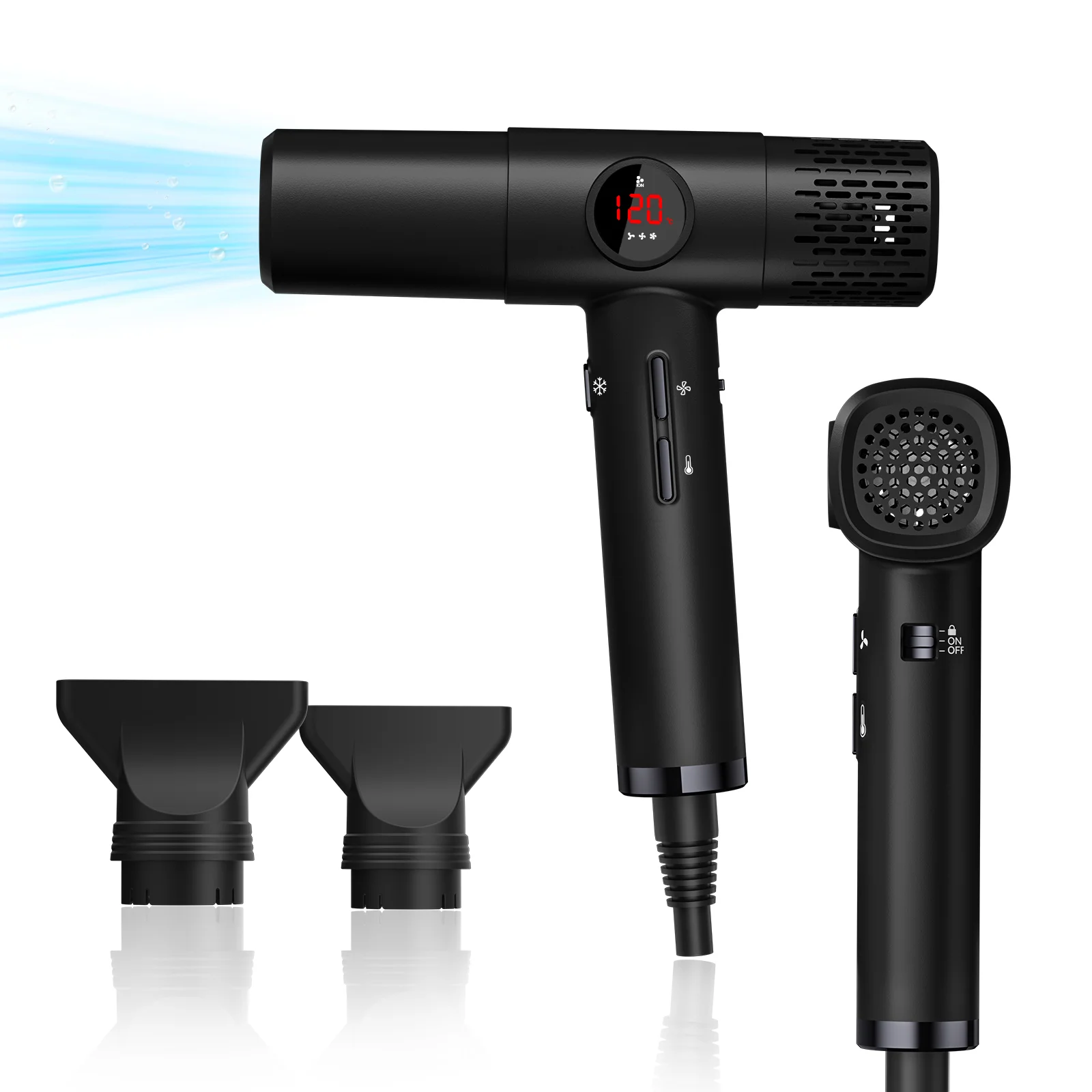 Sèche-cheveux ionique avec diffuseur - Sèche-cheveux haute vitesse 1600W, sèche-cheveux innovant avec contrôle de température par écran LED, faible bruit, léger, adapté aux voyages et à la maison.
