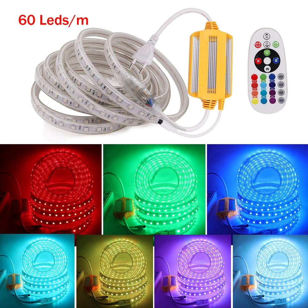 220V RGB LED Strip Light with 1500W 24Keys Controller 5050 60/120Leds/m Flexible LED Tape Waterproof LED Stripe Ribbon EU Plug