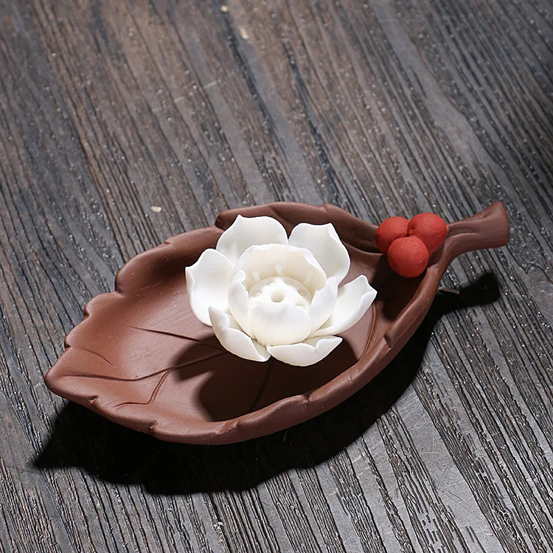 WW ceramic incense burner, lotus leaf lying incense burner incense holder, Buddhist ornament ceramic ornament