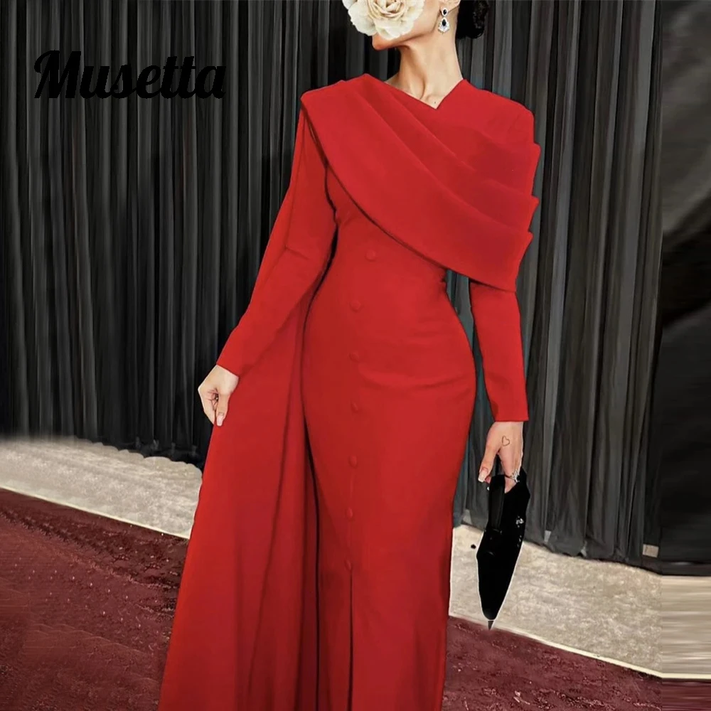 

Musetta Modern Red Satin Evening Gowns Long Sleeves Buttons Ruched Shawl Prom Dresses Front Slit Ankle-Length Robe De Soirée