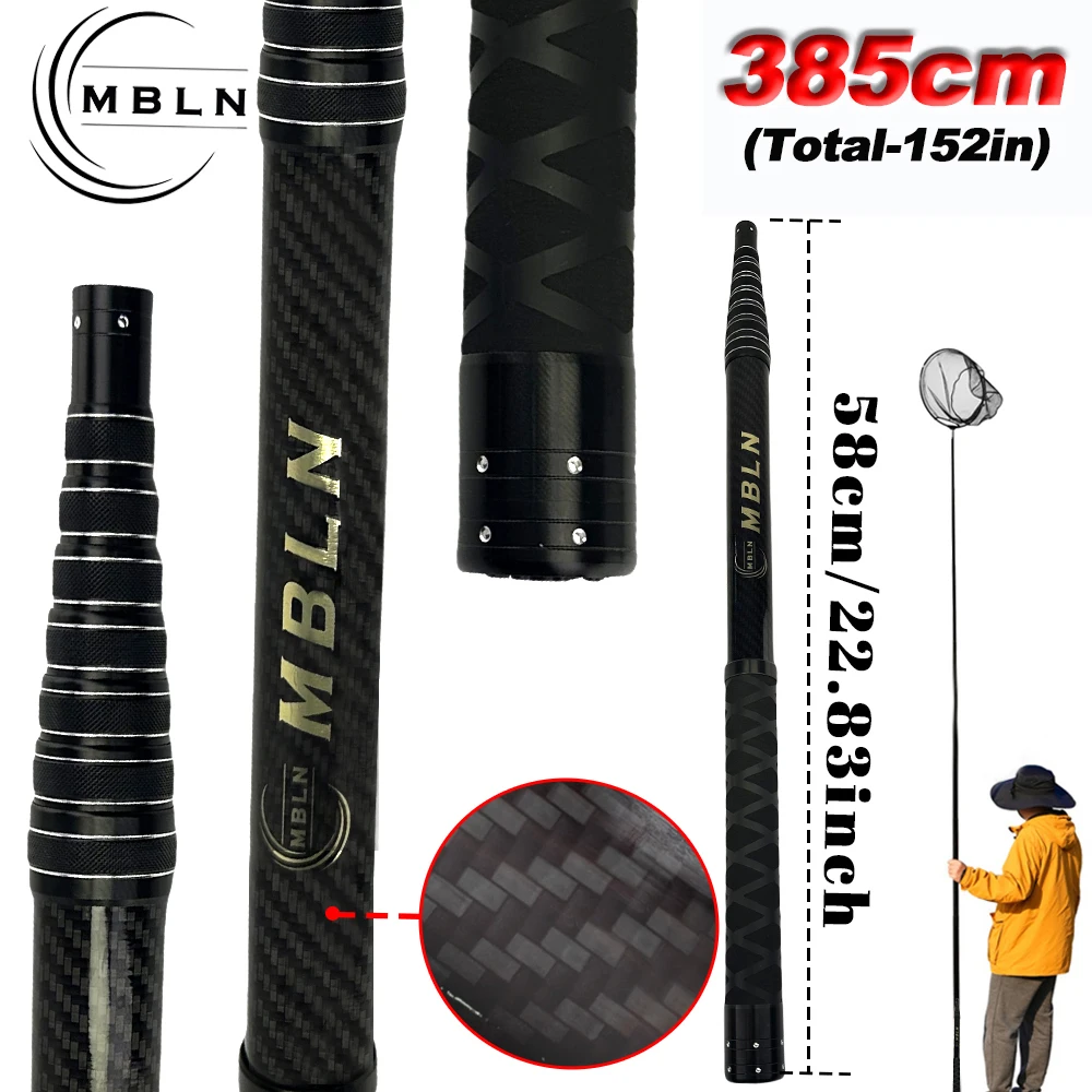 mbln-カーボンファイバーランディングネット、385cm-伸縮ポール、58cm-折りたたみ、45cm-フープ、2-層カーボン-エポキシ、位置決めロック付き、ハンドネット