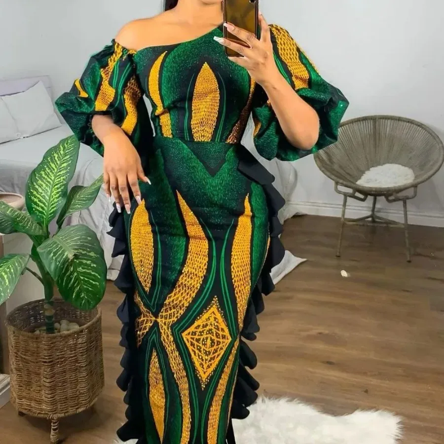 

2024 African Dresses for Women Spring Autumn African Women Polyester Lantern Sleeve Half Sleeve Long Dress Maxi Dress