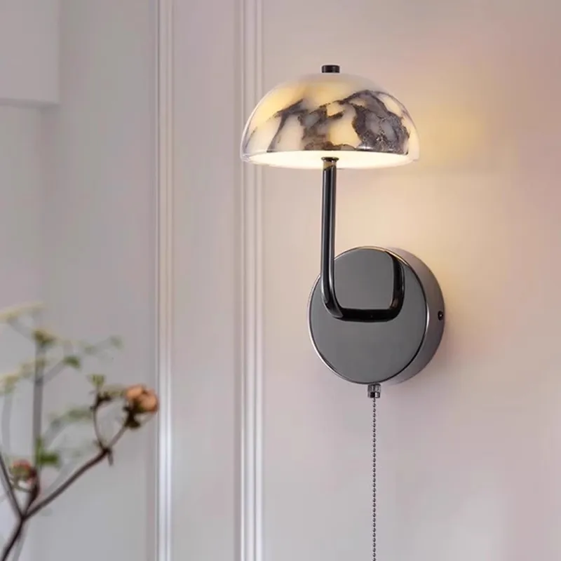 

Mushroom LED Wall Light Natural Stone Marble Sconce with Pull Chain Switch for Bedroom Foyer Dining Room Hallway Wabi Sabi Style