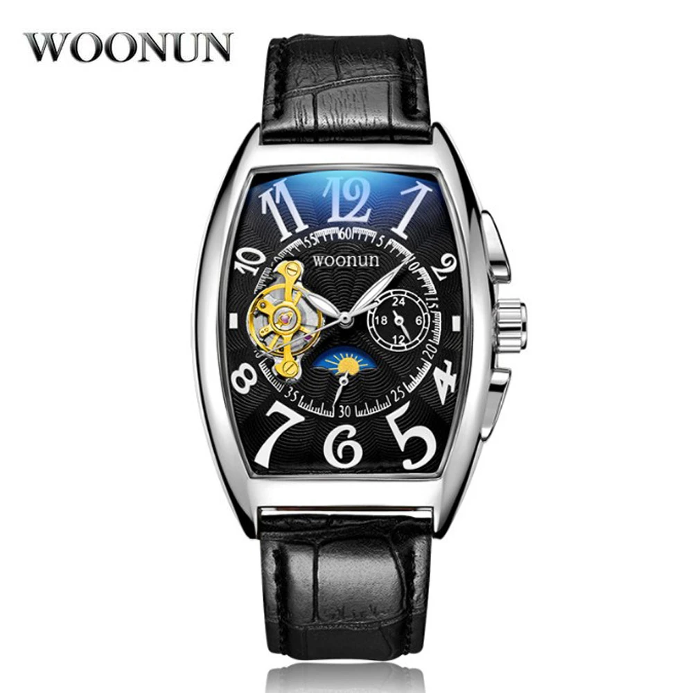 

Fashion Luxury Tonneau Watches Men Tourbillon Watches Moon Phase Small Seconds Automatic Mechanical Watches Leather Reloj Hombre