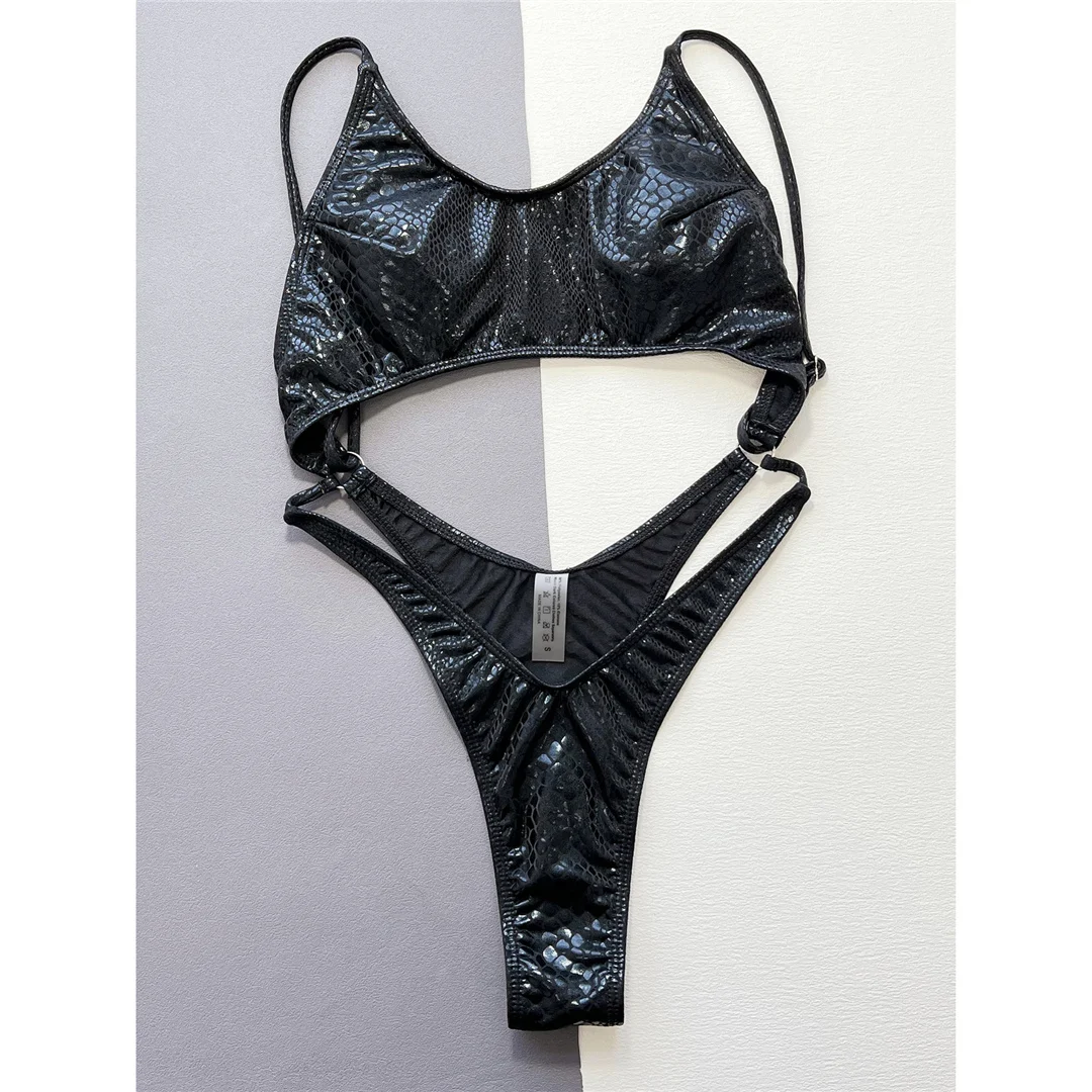 Schlangenhaut-Bauchausschnitt Mini Micro Thong Damen-Badeanzug Einteiliger Badeanzug mit hohem Beinausschnitt Badebekleidung V5548 – Detail 8