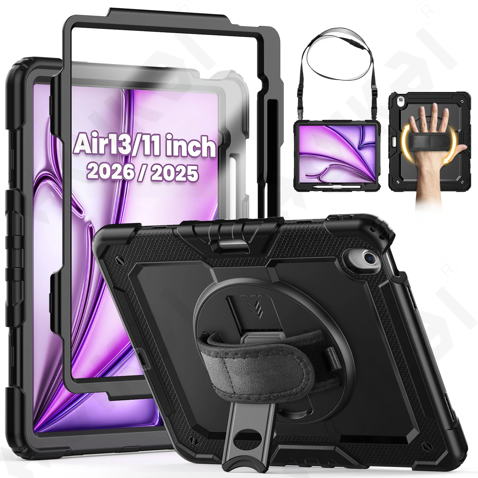 

Чехол для iPad Air 13 11 2026 2025 4G 5G, сверхпрочный, вращающийся, противоударный, с подставкой, ремнем для ношения на руке и на плече, черный