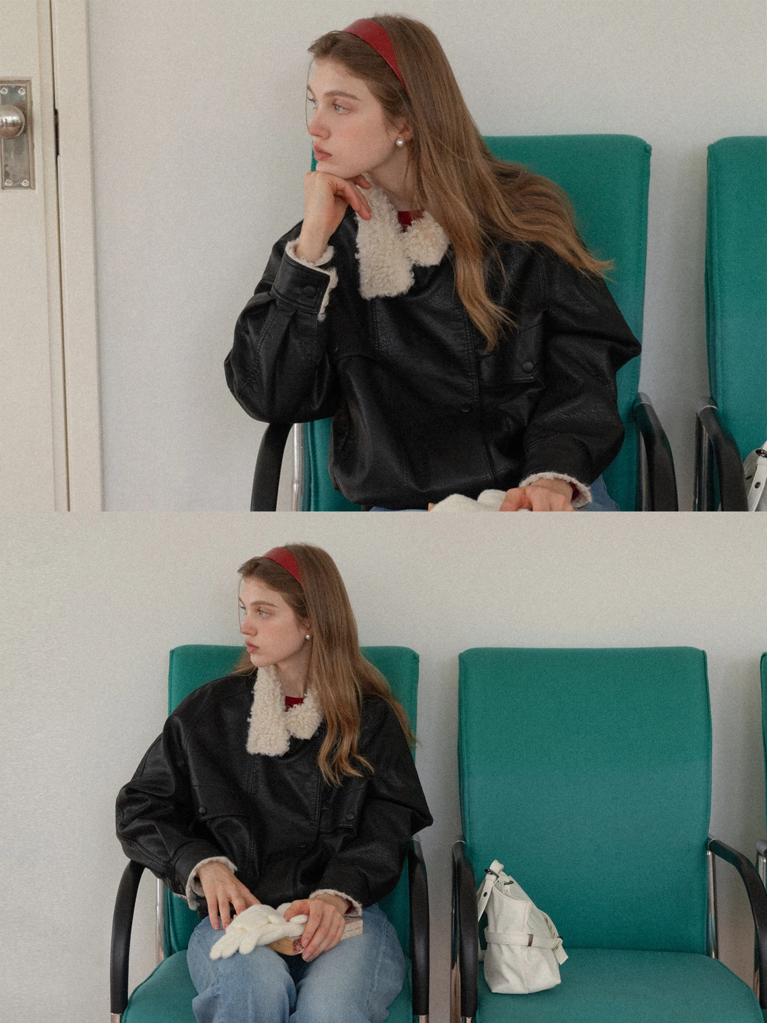 Jaqueta Fena Estilo Americano Eggka com Gola de Pele Sintética Preta, Couro PU, Forro Quente com Zíper, Manga Longa e Cai...