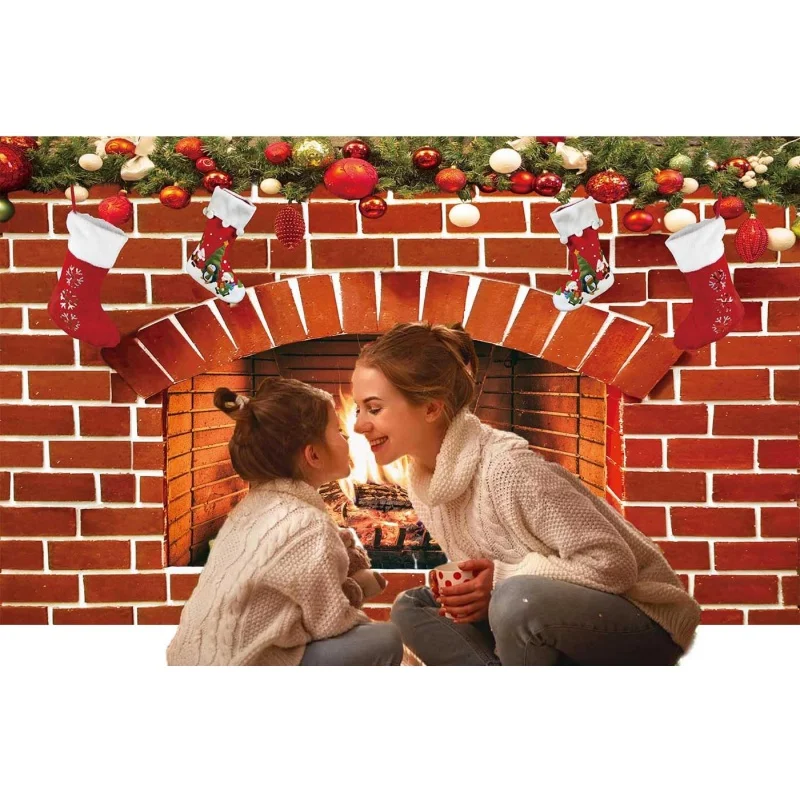 Christmas fireplace, red brick wall stove socks gift, family party supplies