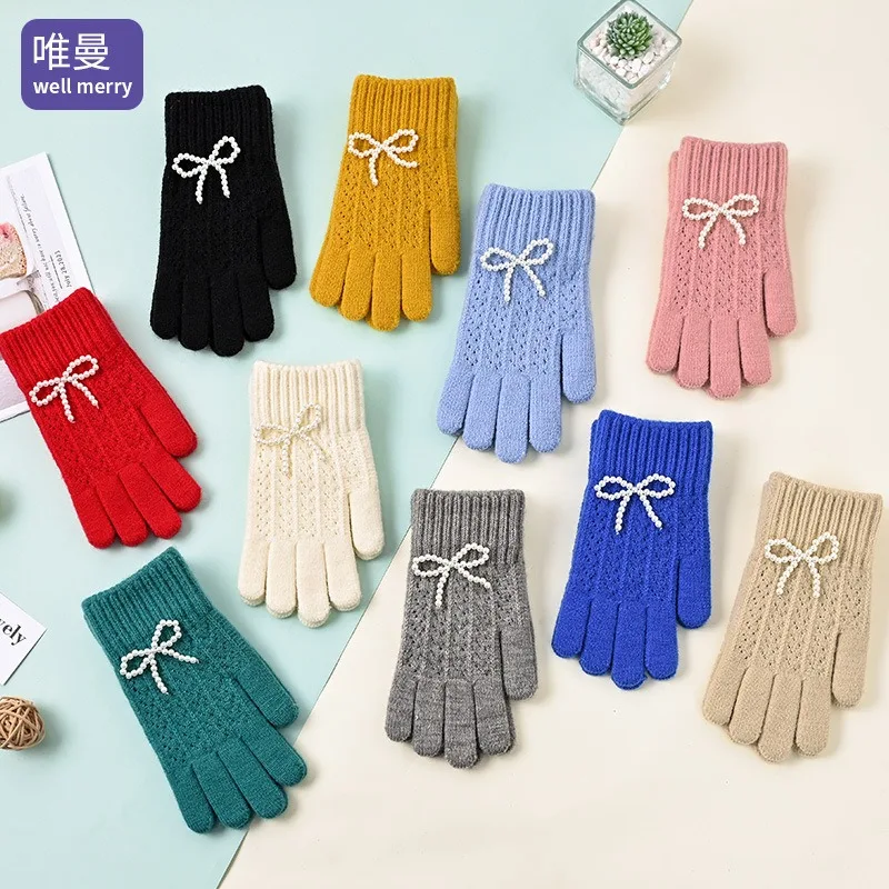 

Winter women's bow Pearl gloves Solid color warm gloves preppy sweet touch screen knitted gloves