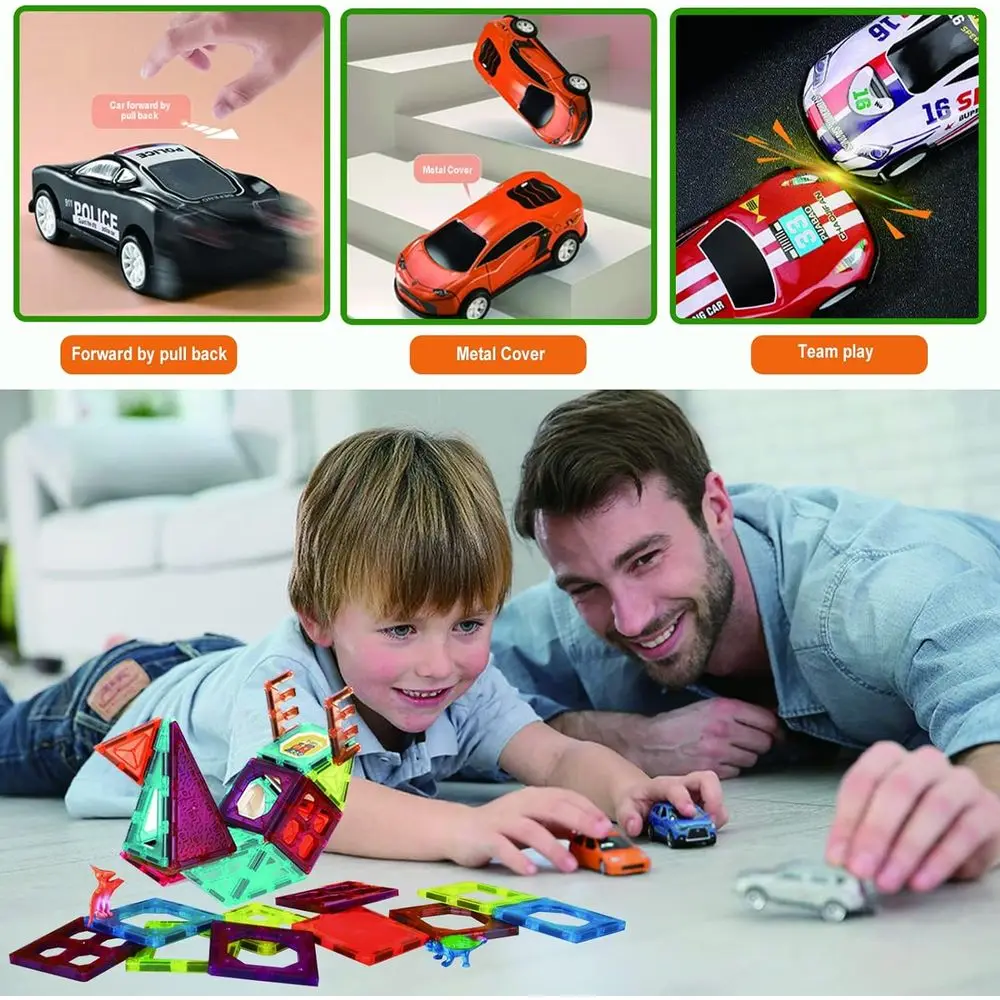 Juego de estacionamiento de azulejos magnéticos STEM Learning con 10 coches de metal para juegos de construcción para niños, regalo ideal para edades de 3 a 8 años